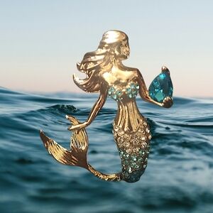 Teal Rhinestone Mermaid Brooch